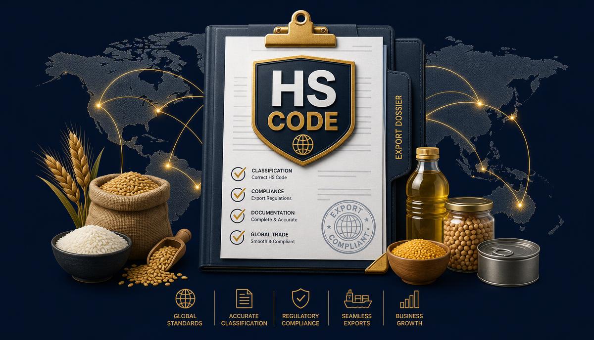 Ilustração de exportação por HS Code mostrando classificação do produto, checklist de compliance e rotas globais de comércio para alimentos